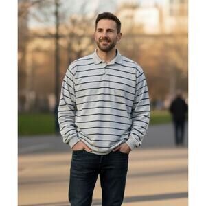 Vintage Eddie Bauer‎ Rugby Shirt Men's MT Cream Green Stripe,Rugby 90s EUC